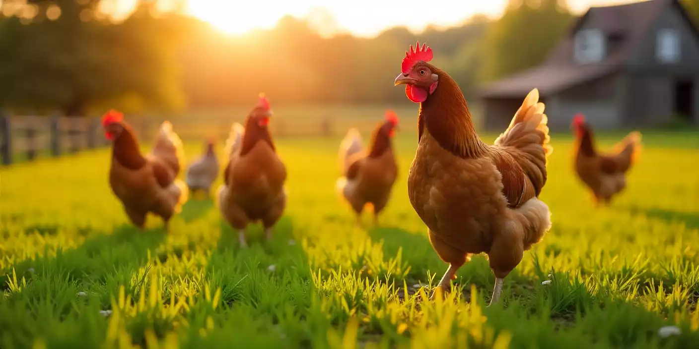Free-range chickens enjoying open space at GoldenChickenFarm, symbolizing natural and ethical poultry farming
