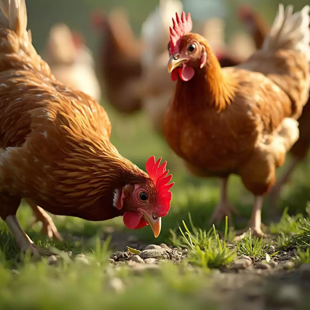 Free-range chickens at GoldenChickenFarm illustrating our family-run, pasture-raised and sustainable approach