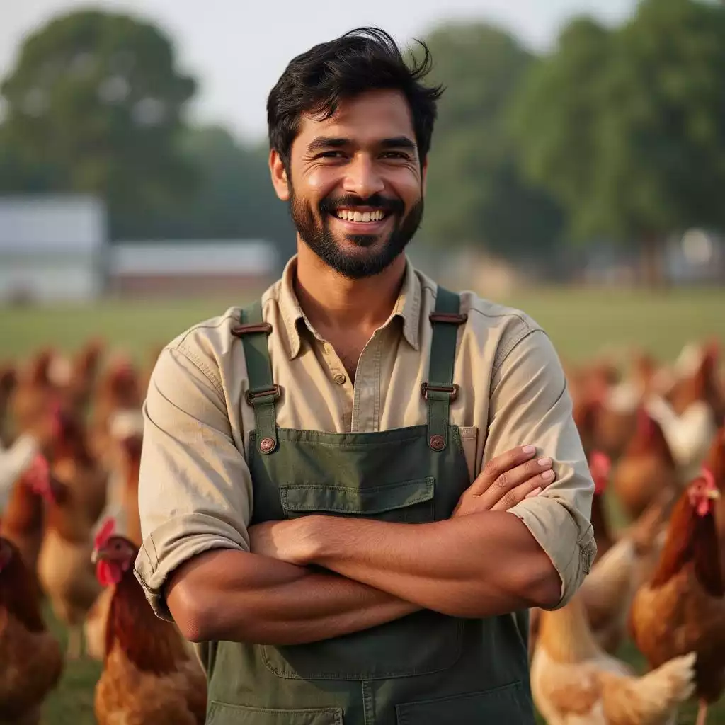 Rahul Sharma manages daily farm operations at GoldenChickenFarm